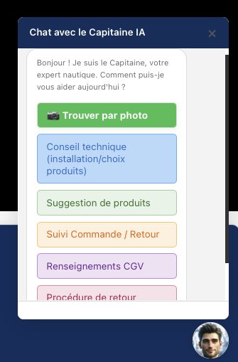 Chatbot IA Le Capitaine avec menus thématiques
